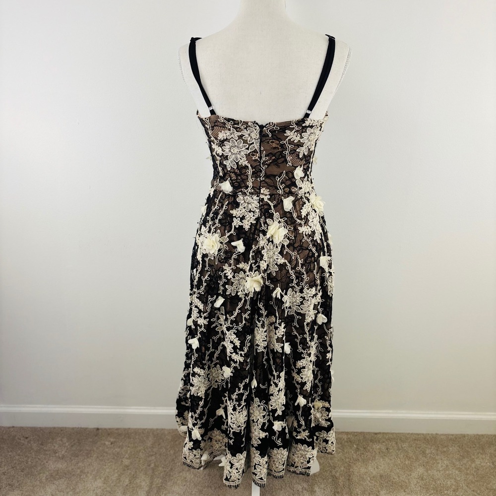 Dress the Population Tahani V-Neck Embroidered Mesh Cocktail Dress Blk/Wht Sz S - Picture 6 of 8
